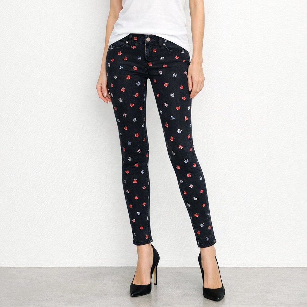 Black Skinny Jeans with Red Floral Design